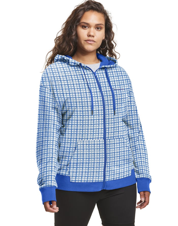 Champion Womens Hoodie NZ - Plus Campus French Terry Zip Embroidered Logo Blue/Black ( 3465-HAXDI )